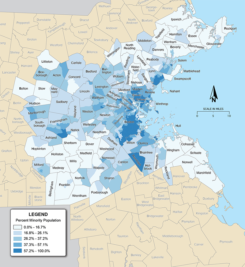 Figure 1a shows the percent of the minority population living in each Census tract in the Boston MPO region in 2010.